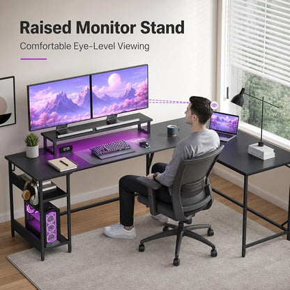 DEVAISE Spacious 55" L Shaped Gaming Desk with LED Lights and Power Outlets - Reversible Corner Computer Table with Monitor Stand and Storage Shelves for Work and Gaming, Black
