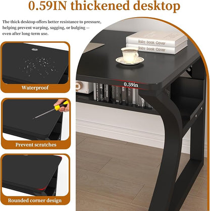55'' Computer Desk Home Office Desk, Modern Computer Desk w/U Shaped Metal Frame, Storage Shelves, PC Table Study Writing Desk Workstation for Home Office (55inch/Black)