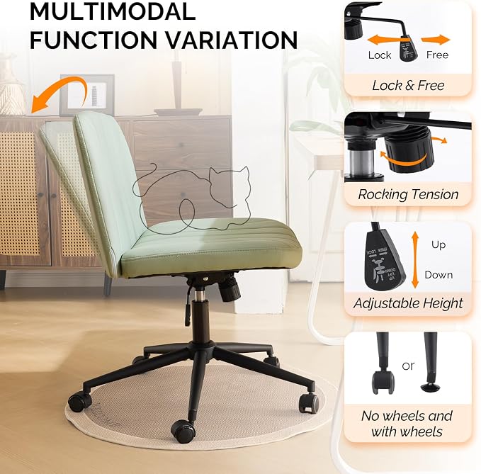 VINGLI Criss Cross Legged Chair,Wide Comfy Office Desk Chair,Dual-Use with/no Wheels Computer Task Chair,Swivel Armless Vanity Rolling Chair for Study,Make Up,Home Office,Cat Scratch PU,Mint Green