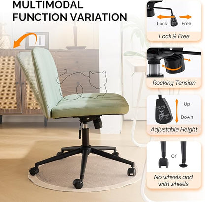 VINGLI Criss Cross Legged Chair,Wide Comfy Office Desk Chair,Dual-Use with/no Wheels Computer Task Chair,Swivel Armless Vanity Rolling Chair for Study,Make Up,Home Office,Cat Scratch PU,Mint Green