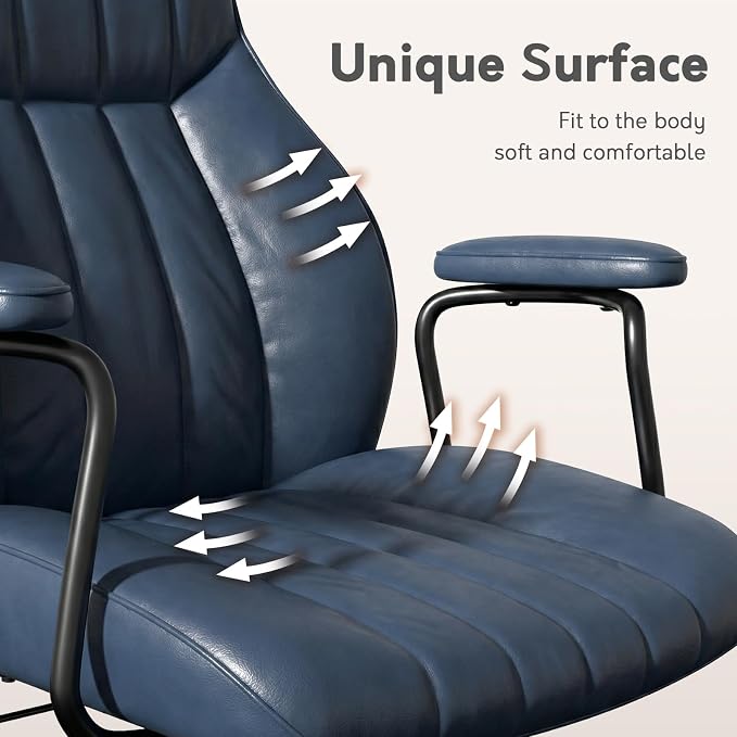 Blue Leather Office Chair, Mid Century Home Office Desk Chair | Ergonomic Curve Design, Removable Padded Arms, Height Adjustable Swivel Seat & Smooth Wheels, Vintage Mid-Back Computer Chair
