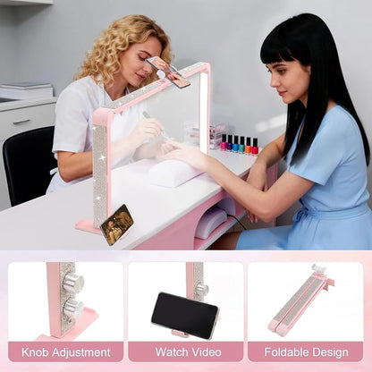 Nail Tech Lamp for Desk, 34 in Large Half Moon Light with Phone Holder, 48W Brightness Adjustable Lash ARC Light for Manicure, Tattoo, Spa, Salon, 3000K-6000K LED Manicure Lamp(Pink)