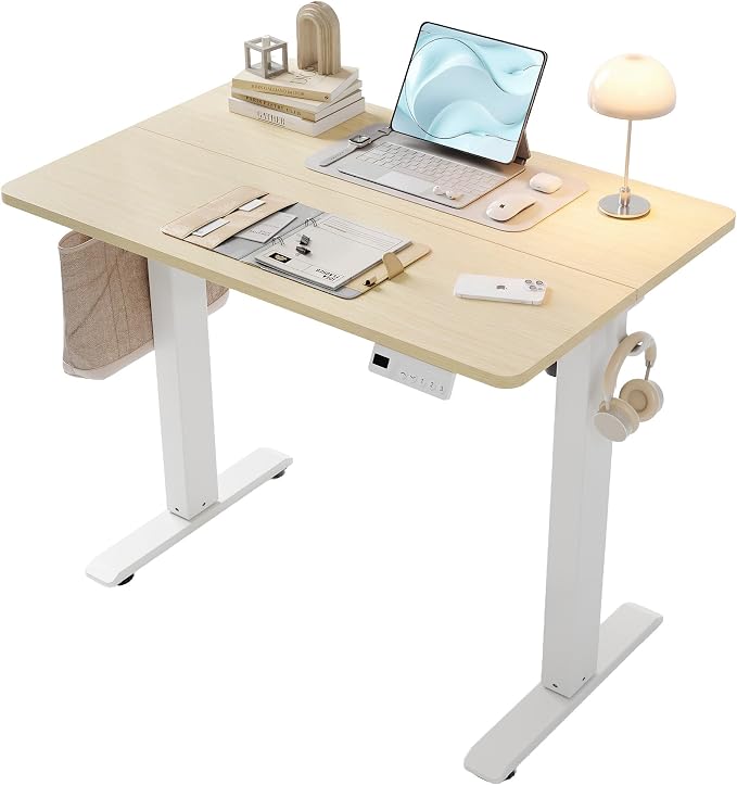 YDN 35" Small Electric Standing Desk Adjustable Height, Sit Stand up Desk with Memory Presets & Cable Management, Home Office Desk for Office & Computer Workstation, White Frame/Nature Top