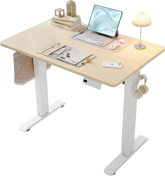 YDN 35" Small Electric Standing Desk Adjustable Height, Sit Stand up Desk with Memory Presets & Cable Management, Home Office Desk for Office & Computer Workstation, White Frame/Nature Top