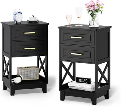 RoyalCraft 30" Tall Nightstand, Modern Painted Bedside Table with 2 Drawers and Open Shelf, Wood Side Table for Bedroom, Home Office, Black-Open Shelf Below, Set of 2