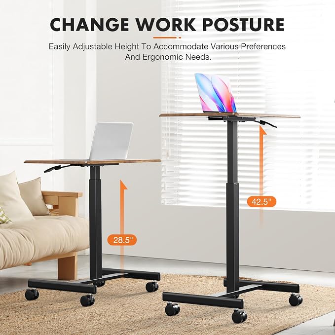 Sweetcrispy Mobile Rolling Desk with Lockable Wheels, Small Standing Laptop Desks, Sit Stand Adjustable Height Table Portable, Computer Workstations for Home Office, Brown