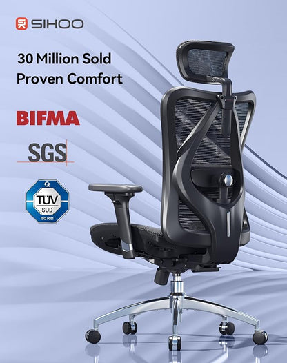 SIHOO M57 Ergonomic Mesh Office Chair, High Back Home Desk Chair with 3D Armrests, Lumbar Support and Adjustable Headrest, Comfortable Computer Chair, Big & Tall Office Chair Hold 330 LBS-Ebony
