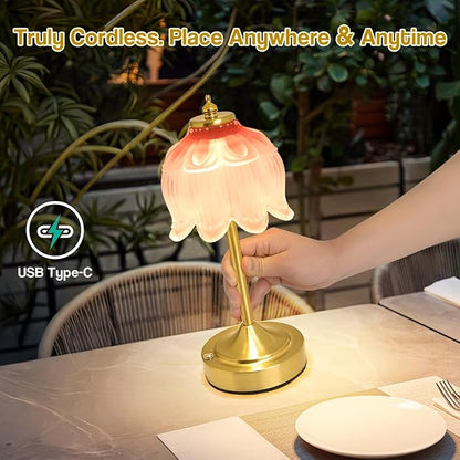 Cordless Lotus Flower Table Lamp, 5200mAh Rechargeable Battery Operated Portable Lamp, 3-Color Dimmable Touch Control Small Desk Lamp for Bedroom, Office, Kitchen, Nightstand,Room Decor (Pink)