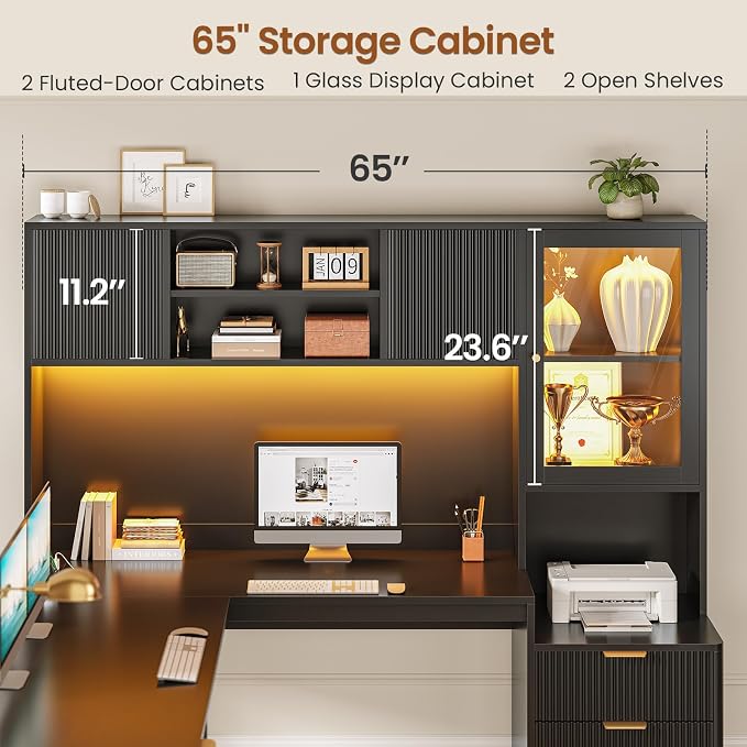 SEDETA 67" x 65" L Shaped Desk with Hutch, RGB LED Corner Computer Desk with Power Outlets, Fluted Home Office Desk with File Drawer, Storage & Glass Display Cabinets for Gaming & Working, Black