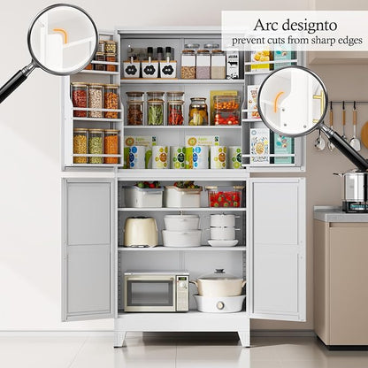 White Pantry Storage Cabinet, 75" Kitchen Pantry with Doors and 3 Adjustable Shelves, Metal Freestanding Buffet Cupboards Sideboard, for Office, Home, Garage, School