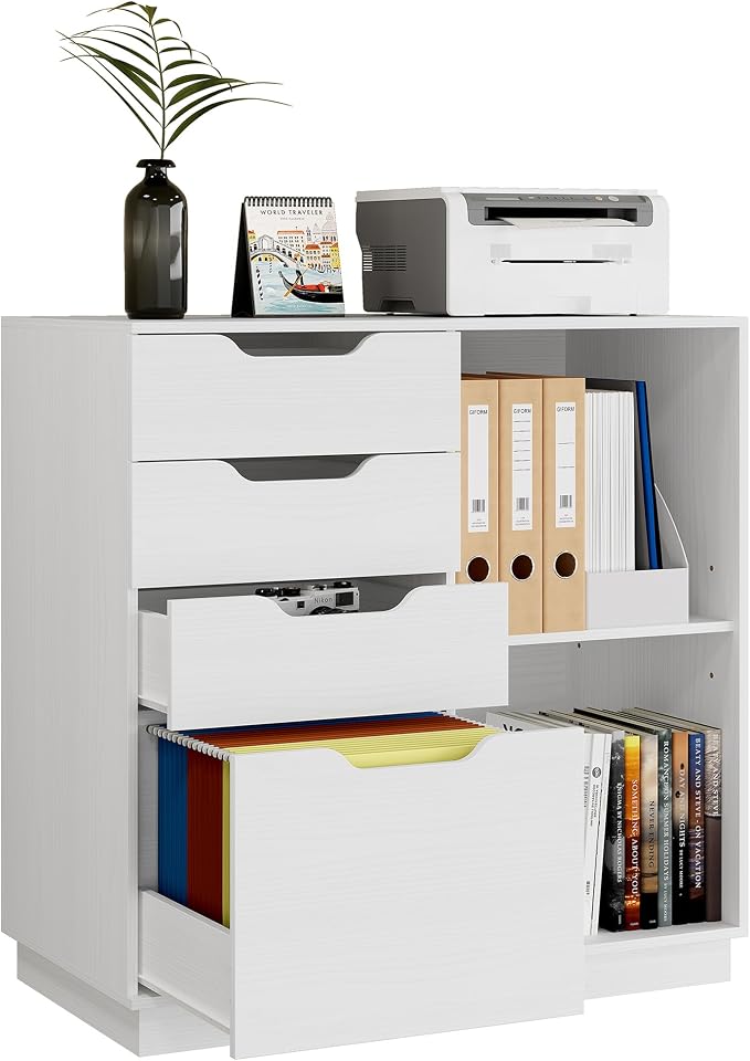 TQVAI 4 Drawer Filing Cabinet Organizer with 2 Open Shelves, Heavy Duty for Storing Letter A4 Size and Printer, Wood Lateral File Cabinets for Home Office, Hanging Files, White, Easy Assembly