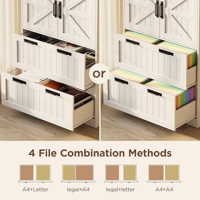 Halitaa 2 Drawer Filing Cabinet, Farmhouse File Cabinet for Home Office with Storage Space, Wood Tall Office Filing Cabinet fits Legal/Letter/A4 Size, Lateral File Cabinets with 2 Doors, Rustic White