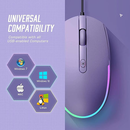 seenda Wired Mouse - USB Computer Mice Wired with RGB Backlit Optical LED Mouse with Attached USB Cord for Laptops Notebooks Chromebook - Purple