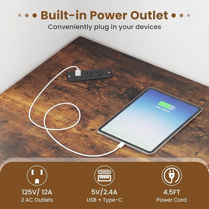 GOFLAME Corner Desk with Power Outlet, Triangle Computer Desk for Small Space, Space-Saving Writing Desk with Storage Shelf and Charging Station, Modern Laptop PC Desk for Home Office, Rustic Brown