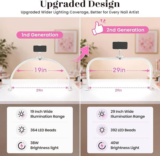 LIONVISON Half Moon Light for Nail Desk: 29" Larger Arch Nail Light for Nail Tech - Foldable Half Moon Nails Desk Lamp with Phone Holder for Home Salon - 3 Color Modes & 10 Brightness for Beginner