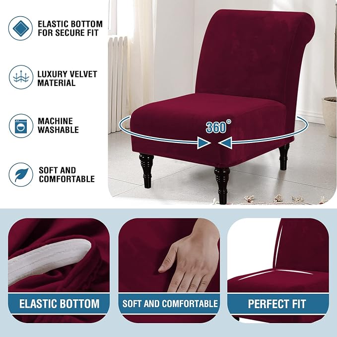 H.VERSAILTEX Armless Accent Chair Covers Thick Velvet Armless Chair Slipcovers High Stretch Chair Covers for Living Room Hotel Machine Washable Furniture Protector with Elastic Bottom, Burgundy