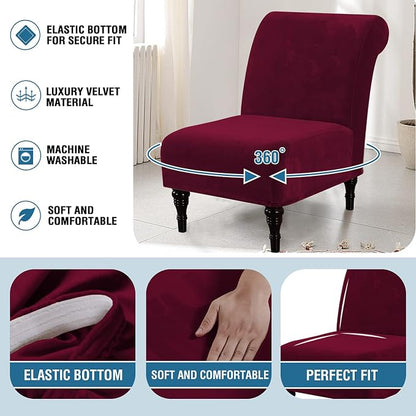 H.VERSAILTEX Armless Accent Chair Covers Thick Velvet Armless Chair Slipcovers High Stretch Chair Covers for Living Room Hotel Machine Washable Furniture Protector with Elastic Bottom, Burgundy