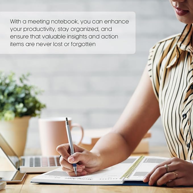 Meeting Notebook for Work Organization - Work Planner Notebook with Action Items, Agenda Planner for Note Taking, 160 Pages (6.9" X 9.9") Project Organizer for Men & Women - Navy Blue