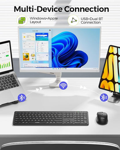 seenda Wireless Keyboard and Mouse Combo for Windows PC, Laptop, Mac, iPad, Bluetooth & 2.4G 3-Device Multi-Connection, Ultra Slim Full Size Quiet Keyboard, Adjustable DPI Mouse, Black