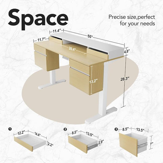 HUANUO Electric Standing Desk with 6 Drawers, 55 Inch Height Adjustable Stand Up Desk with Storage, Computer Workstation Compatible with Monitor Stand for Home Office, Light Walnut