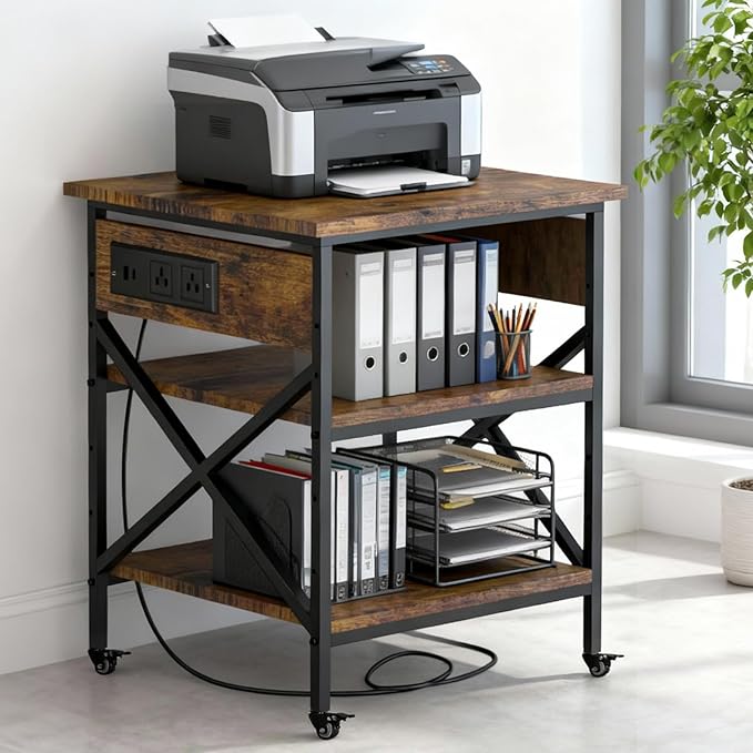 Rustic Brown 3 Tier Large Mobile Printer Stand | Built in power outlet adjustable storage shelves industrial rolling casters size 23.6 x 23.6x 30 inches home office storage