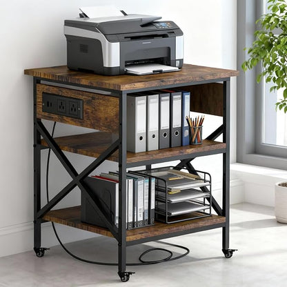 Rustic Brown 3 Tier Large Mobile Printer Stand | Built in power outlet adjustable storage shelves industrial rolling casters size 23.6 x 23.6x 30 inches home office storage
