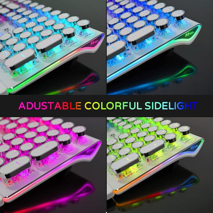 RK ROYAL KLUDGE S108 Typewriter Style Mechanical Gaming Keyboard with RGB Backlit, Wired PC Game Keyboard Full Size with Detachable Wrist Rest and Number Pad, Retro Round Keycaps, Red Switches White