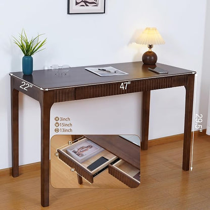Solid Wood Desk with Drawer, Small Writing Desk for Small Spaces,Gaming Study Home Office Workbench woodenDesks for Work, 47 inch Wooden Computer Desk for Bedroom Walnut Color