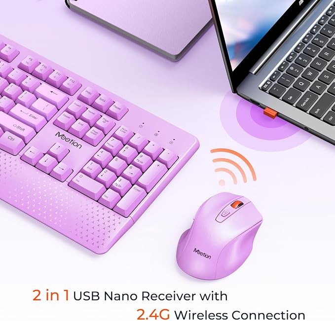 MEETION Wireless Keyboard and Mouse, Full-Sized Cordless Keyboard with Wrist Rest and 3 DPI Adjustable Mouse, 2.4G Wireless, Purple, for PC/Computer/Laptop/Windows/Mac