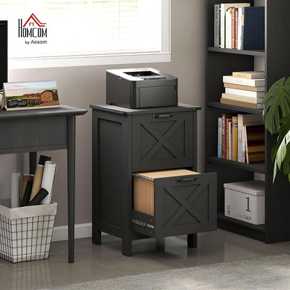 HOMCOM 2 Drawer Vertical File Cabinet with Silent Slides, Rustic Farmhouse Filing Cabinet with Barn Doors for A4/Letter Size, Printer Stand with Storage for Home Office, Distressed Black