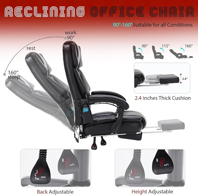 Massage Office Chair with Foot Rest 6 Points Vibration and Heat Home Office Desk Chairs for Heavy People 400lbs Reclining Managerial Chairs Ergonomic Executive Chair (Black)