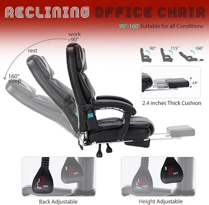Massage Office Chair with Foot Rest 6 Points Vibration and Heat Home Office Desk Chairs for Heavy People 400lbs Reclining Managerial Chairs Ergonomic Executive Chair (Black)