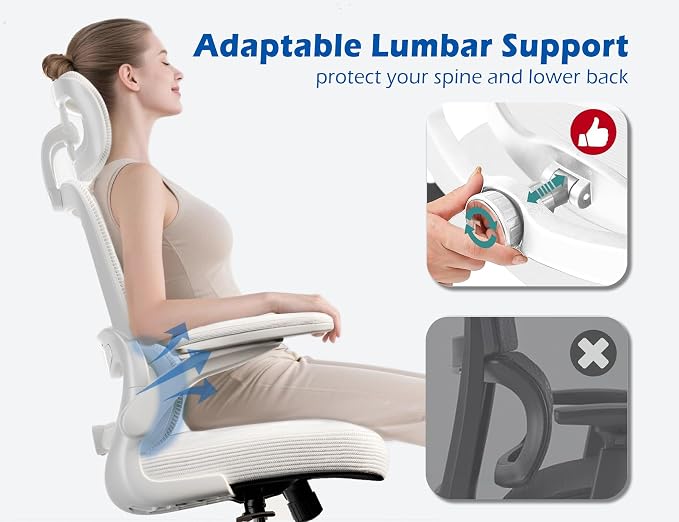 TRALT Ergonomic Office Chair - Desk Chair with Adjustable Headrest Lumbar Support Computer Chair - Mesh Comfy Chair with Flip-up Armrests - Gaming Chairs for Adults Home Office (Leather, White)
