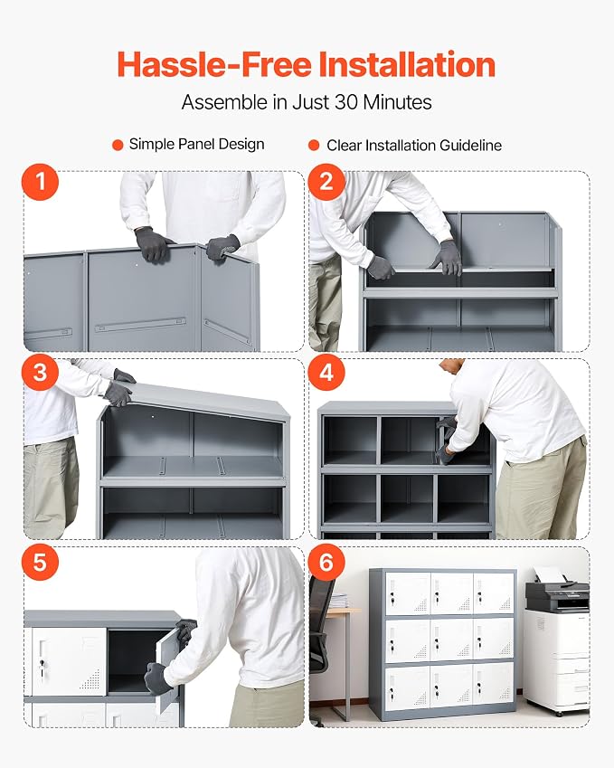 VEVOR 9 Doors Metal Locker for Employees, Steel Locking Storage Cabinet with Card Slot and Ventilation, 2 Keys for Each Door, Employee Lockers for Office, School, Gym, Home, Easy Assembly, Gray
