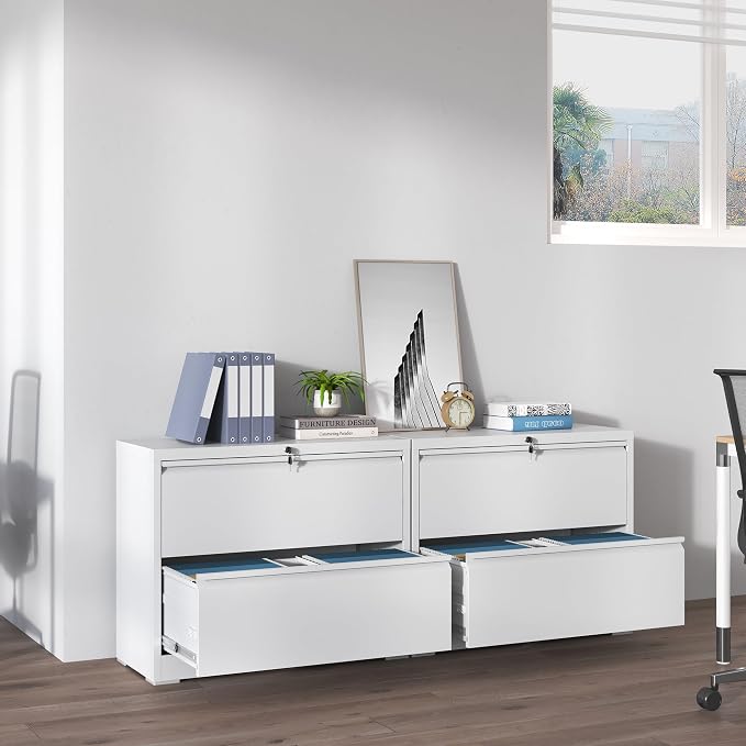 IKIMI 2 Drawer Lateral File Cabinets Office Metal Filing Cabinet Steel Storage Cabinet with Lock Wide Horizontal Filing Cabinets for Hanging Files Legal/Letter/A4 Size Assembly Required