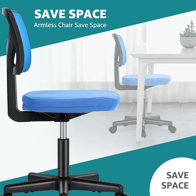 OLIXIS Armless Office Chair, Ergonomic Desk Chair with Wheels, Mesh Back, Removable Washable Foam Cushion, Height Adjustable Rolling Swivel Chairs for Small Space, Home, Office, Blue