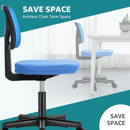 OLIXIS Armless Office Chair, Ergonomic Desk Chair with Wheels, Mesh Back, Removable Washable Foam Cushion, Height Adjustable Rolling Swivel Chairs for Small Space, Home, Office, Blue