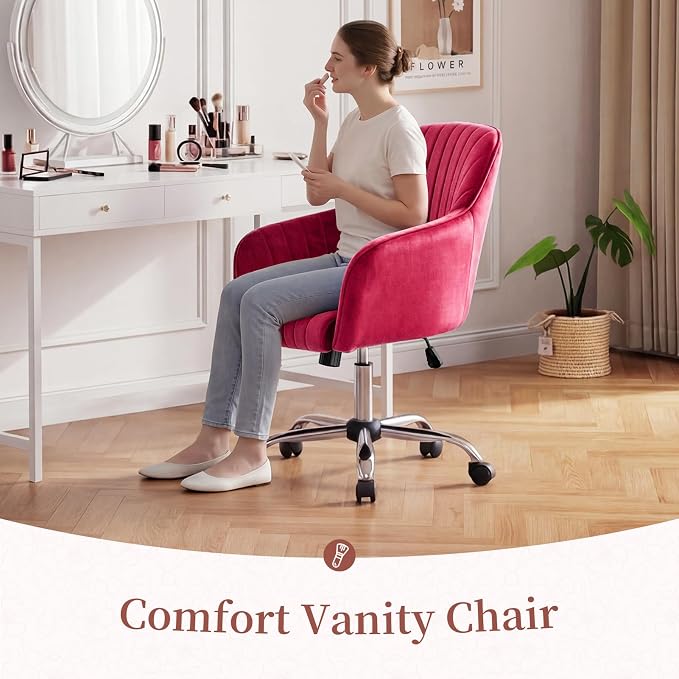 Warmiehomy Velvet Vanity Chair with Wheels, Desk Chair for Home Office, Cozy Office Chair with Arm Rest for Girl Women Bedroom, Hot Pink