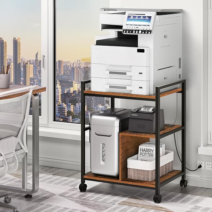 Lerliuo Printer Stand with Charging Station and USB Ports, Large 3-Tier Mobile Printer Table with Storage Shelf, Brown Rolling Industrial Printer Cart with Lockable Wheels for Home Office