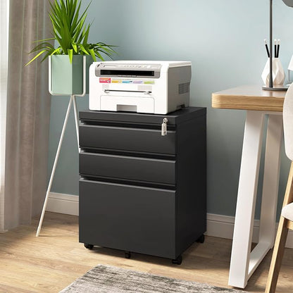 Approgreent 3 Drawer File Cabinet for Home Office, Under Desk Mobile Filing Cabinet with Lock for A4-Size/Letter-Size/Legal-Size, Black (HSEJ-3D)