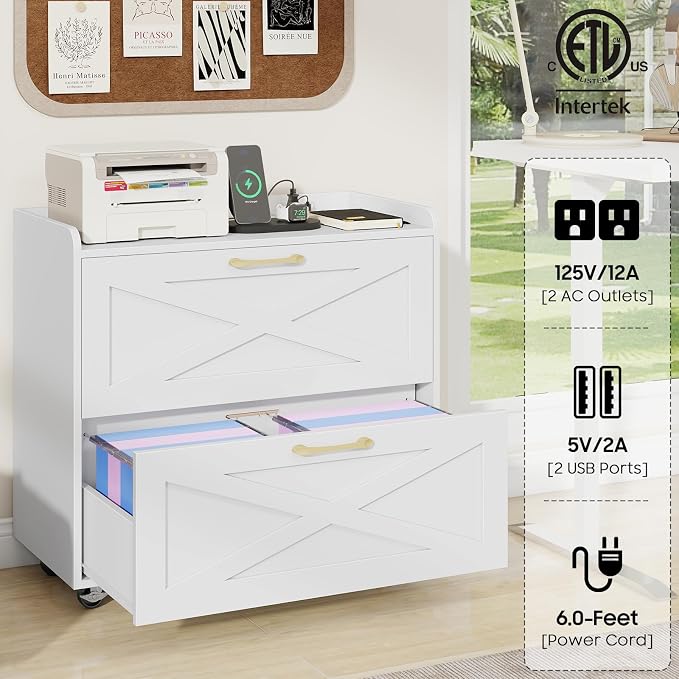 Halitaa Lateral File Cabinet 2 Drawers Mobile File Cabinet with Charging Station for Letter/Legal/A4 Size Hanging Files, Large Wood File Storage Cabinets Printer Stand for Home Office, Simple White