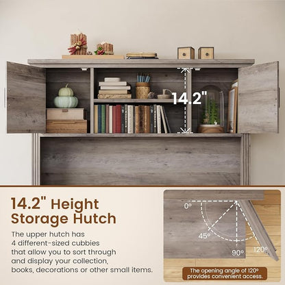 Itaar Farmhouse 68.9" L Shaped Desk with Hutch, Executive Home Office Desk with File Drawer and Power Outlet, Computer Corner Desk with Storage Cabinet, Workstation for Office Home,Grey