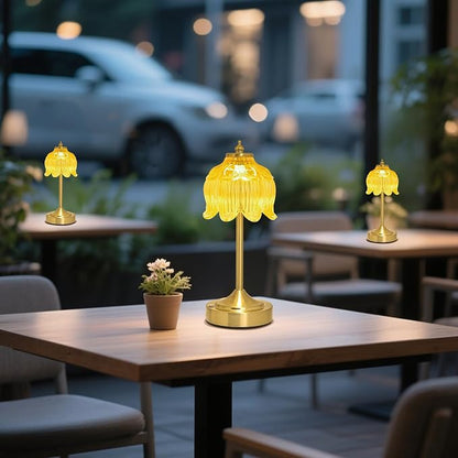 Cordless Lotus Flower Table Lamp, 5200mAh Rechargeable Battery Operated Portable Lamp, 3-Color Dimmable Touch Control Small Desk Lamp for Bedroom, Office, Kitchen, Nightstand,Room Decor (Yellow)