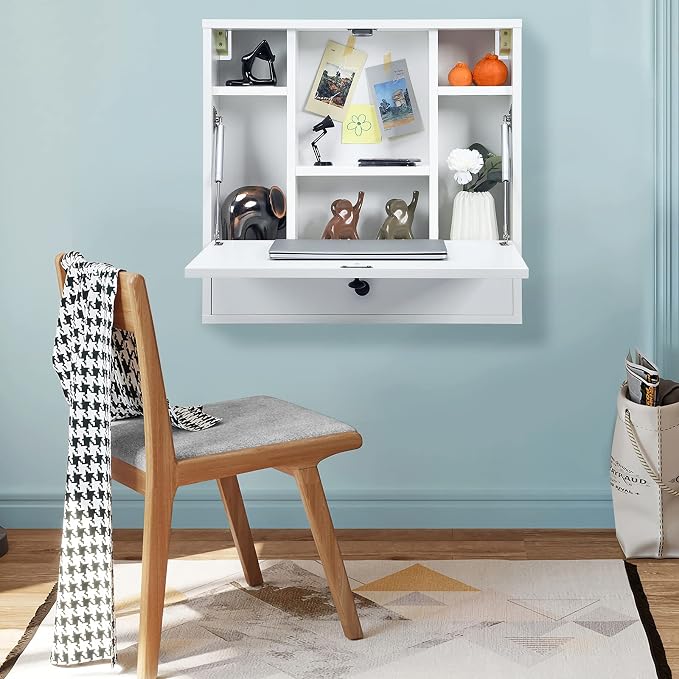 Tangkula Wall Mounted Desk, Pneumatic Floating Laptop Desk with Magnetic Foldable Tabletop, Space Saving Wall Mounted Table Wall Desk with Storage Drawer and Shelves (White)