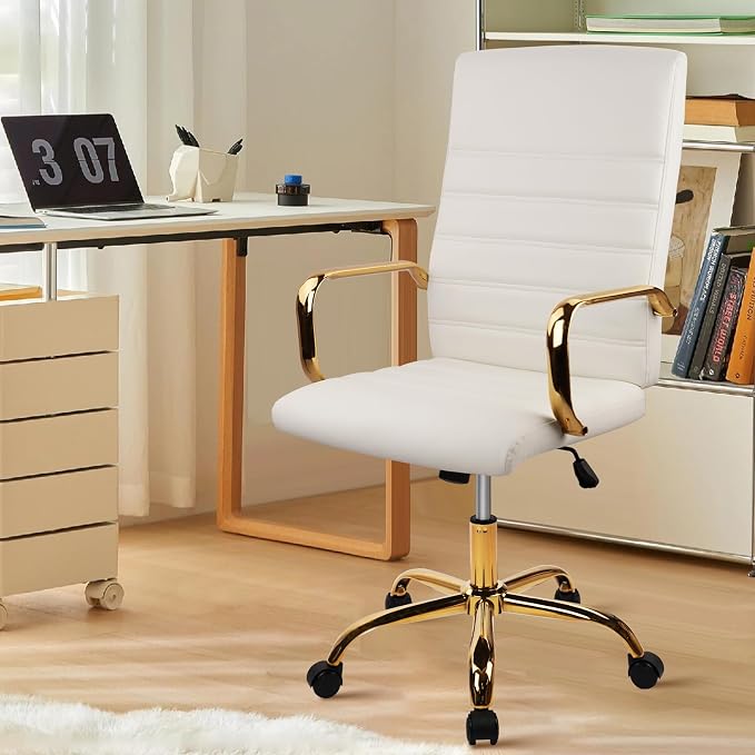 CLATINA White and Gold Office Chair, Leather Executive Computer Desk Chairs with Wheels, Ergonomic Swivel Chairs Task Stools with Arms, Height Adjustable for Home Bedroom Vanity and Living Room