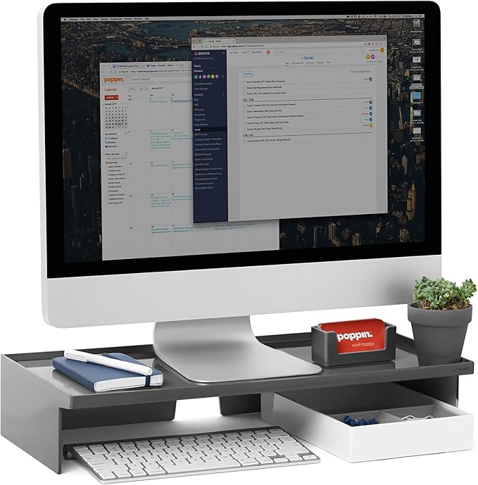 Poppin Dark Gray Monitor Riser - Lacquer-Like Finish, Cable Cutout in Back, Take Monitor to New Heights, Doubles As All-Purpose Shelf, Stacks with Accessory and Letter Trays, 21,1" x 10,6" x 4,1"