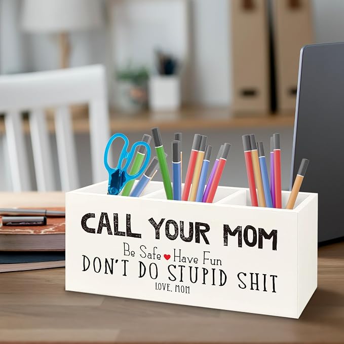 Funny Call Your Mom Wooden Pen Pencil Holder for Office Desk Accessories, Gifts for Freshman Son Daughter College Students Makeup Brush Toothbrush Holder Organizer for Bathroom