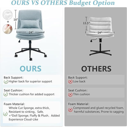 VINGLI Cloud Criss Cross Legged Chair,18" High Back Armless Home Office Desk Chair with Wheels,Wide Adjustable Comfy Padded Seat Task Computer Chair,Modern Swivel Makeup Vanity Chair,Fabric,Blue