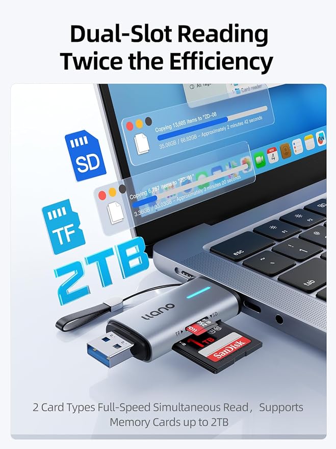 llano Micro SD Card Reader, 2 in 1 USB C 3.0 SD Card Reader Dual Slots Card Adapter, Memory Card Reader for MicroSD, SDHC, SDXC, Compatible with iPhone 17/16/15, MacBook, iPad, Android, Computer