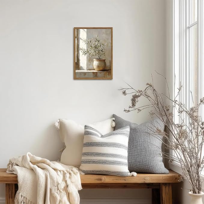 Framed Vintage Olive Tree Canvas Wall Art, Rustic Botanical Pictures Wall Decor, Neutral Potted Plant Paintings Prints Farmhouse Aesthetic Home Decor for Living Room Bedroom Kitchen 8x10 In